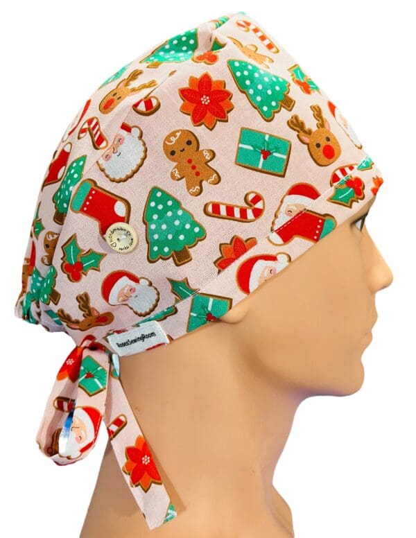 Christmas Ginger Bread on Pink Scrub Cap FABRIC TIE - Image 3