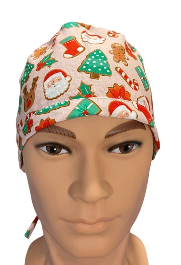 Christmas Ginger Bread on Pink Scrub Cap FABRIC TIE - Image 4