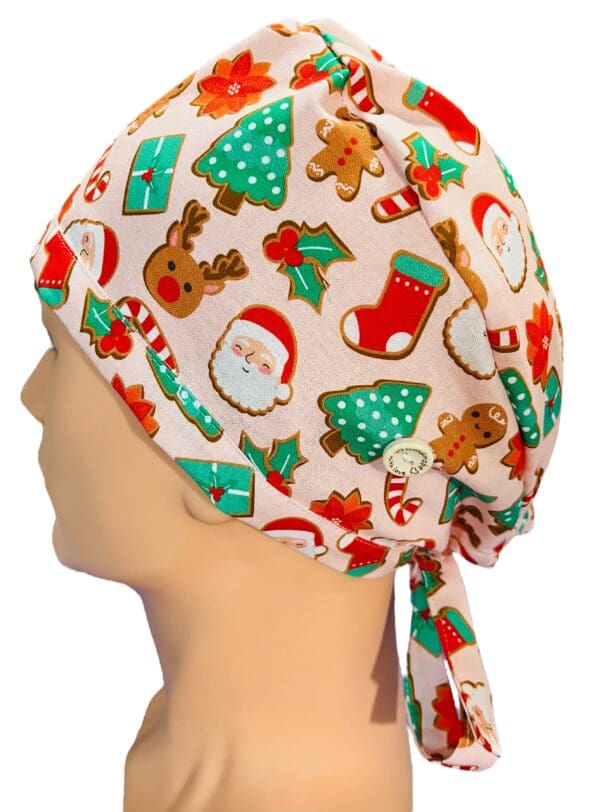 Christmas Ginger Bread on Pink Scrub Cap FABRIC TIE - Image 5