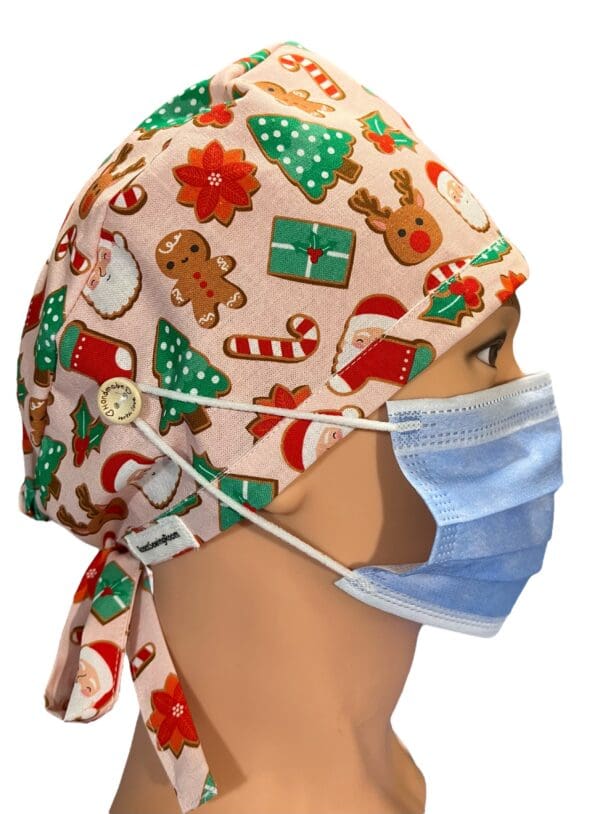 Christmas Ginger Bread on Pink Scrub Cap FABRIC TIE - Image 8