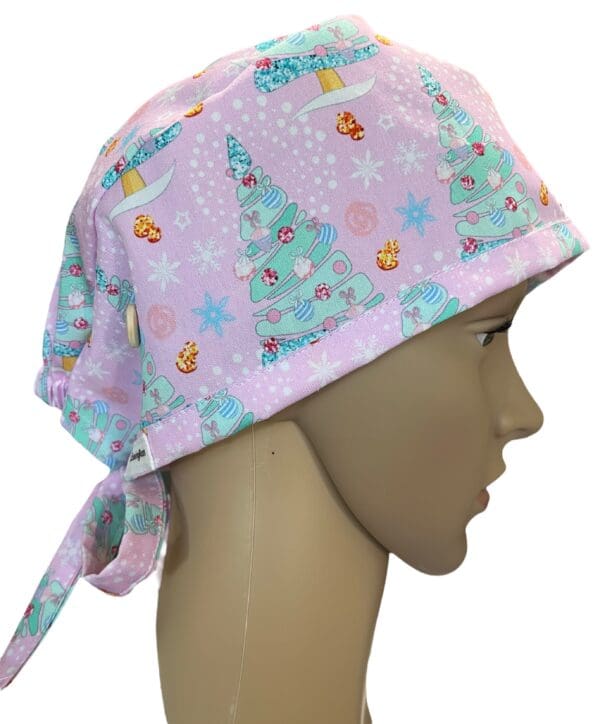 Frosted Pink Christmas Scrub Cap FABRIC TIE - Image 2