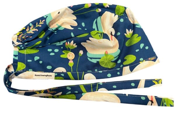 Swans on Blue Scrub Cap FABRIC TIE