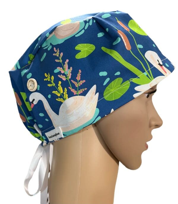 Swan on Blue Scrub Cap RIBBON TIE