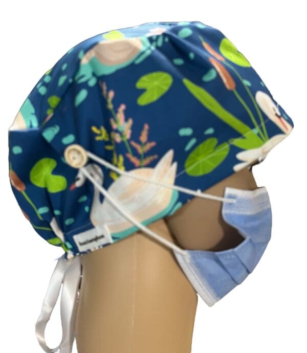 Swan on Blue Scrub Cap RIBBON TIE - Image 5