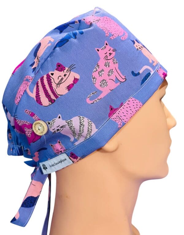 Purple Cartoon Cats Scrub Cap FABRIC TIE