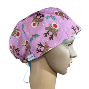 Christmas Reindeer Pink Scrub Cap - Toggle Tie, Medium