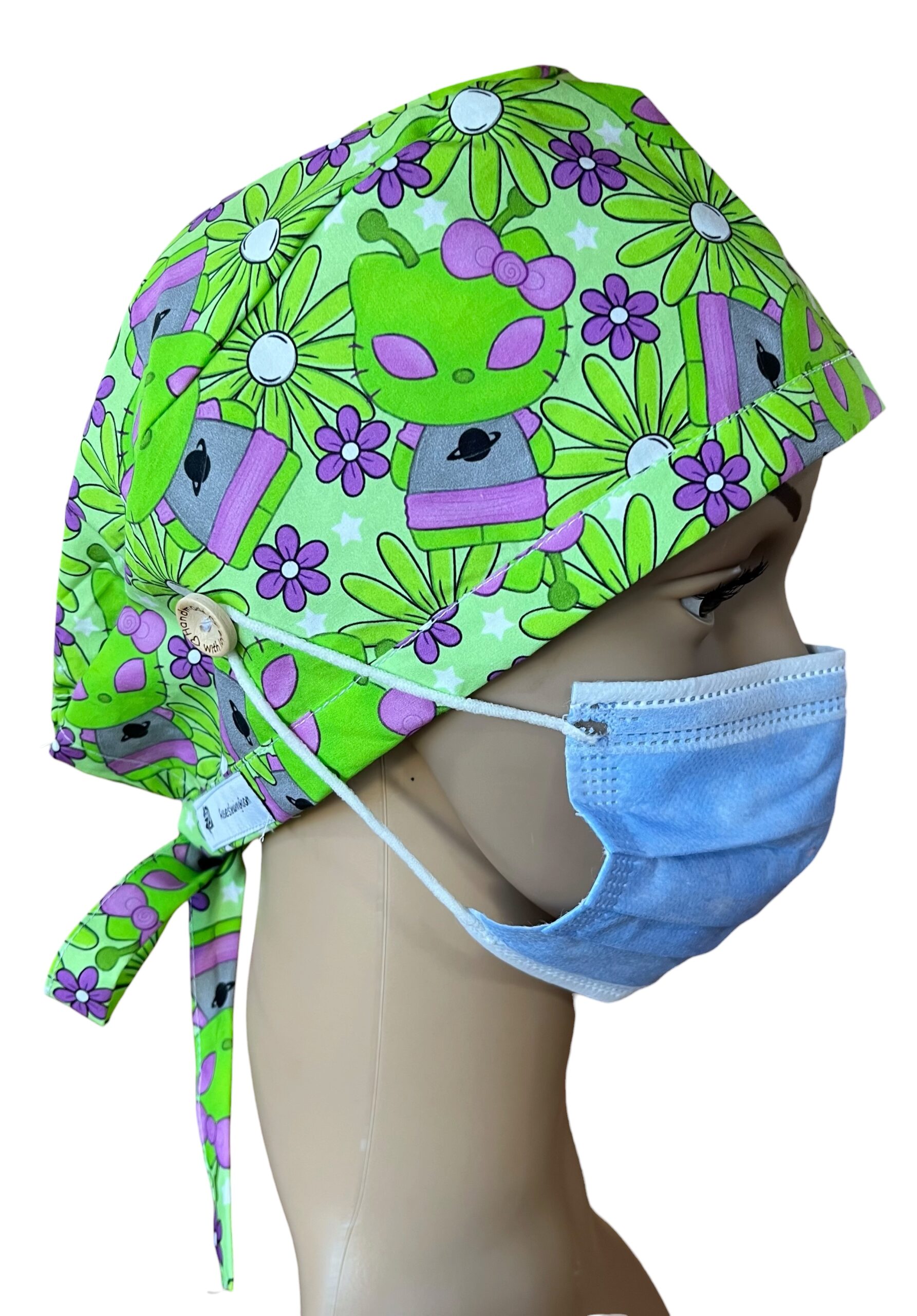 Alien Cats Scrub Cap. Fabric Tie - Image 6