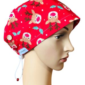Christmas Reindeer Red Scrub Cap - Toggle Tie, Medium