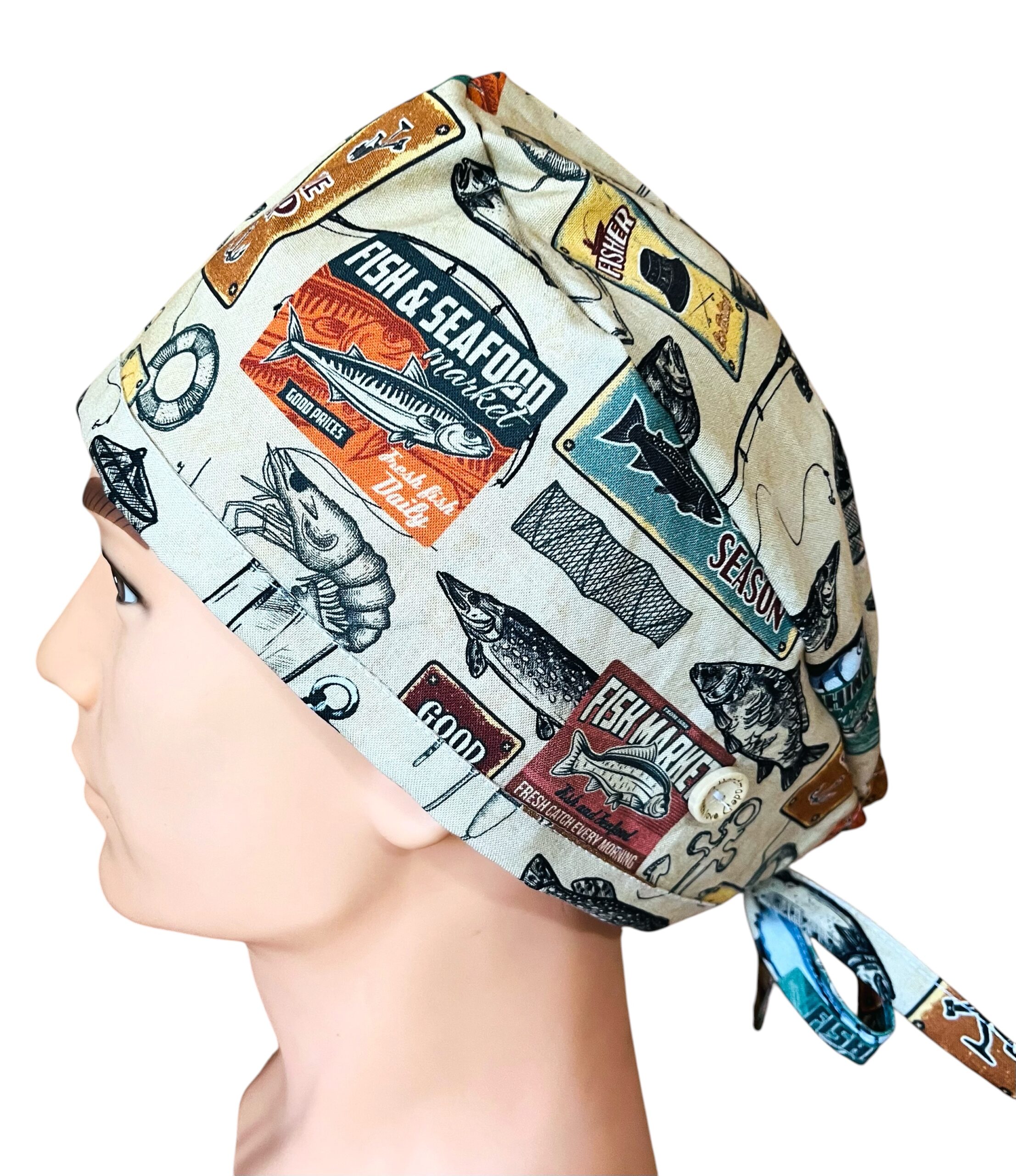 Gone Fishing Scrub Cap. FABRIC TIE - Image 3